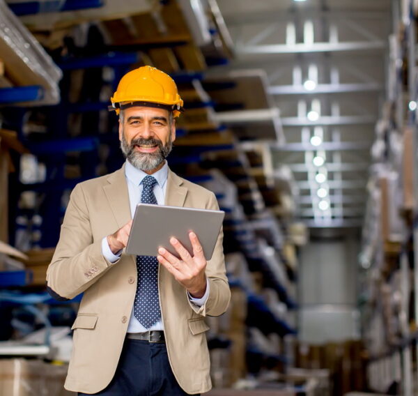 Handsome mature engineer in the warehouse with digital tablet