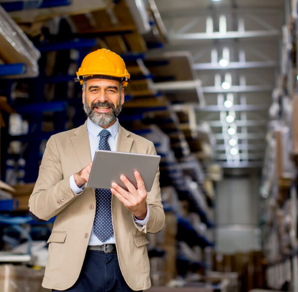 Handsome mature engineer in the warehouse with digital tablet