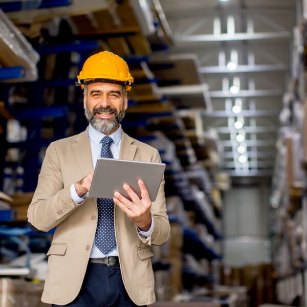 Handsome mature engineer in the warehouse with digital tablet