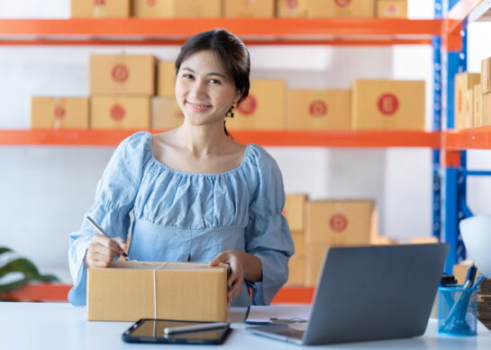 Starting small businesses SME owners female entrepreneurs check online orders to prepare to pack the boxes, sell to customers, sme business ideas online.