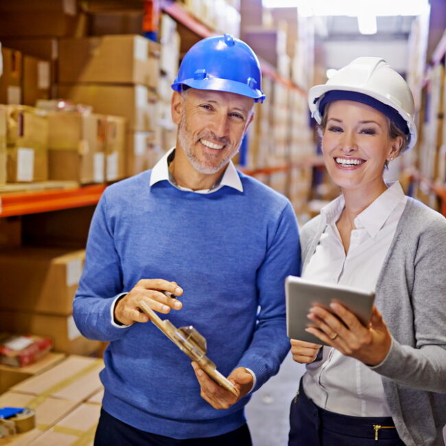 Portrait of a man and woman inspecting inventory in a large distribution warehouse.
